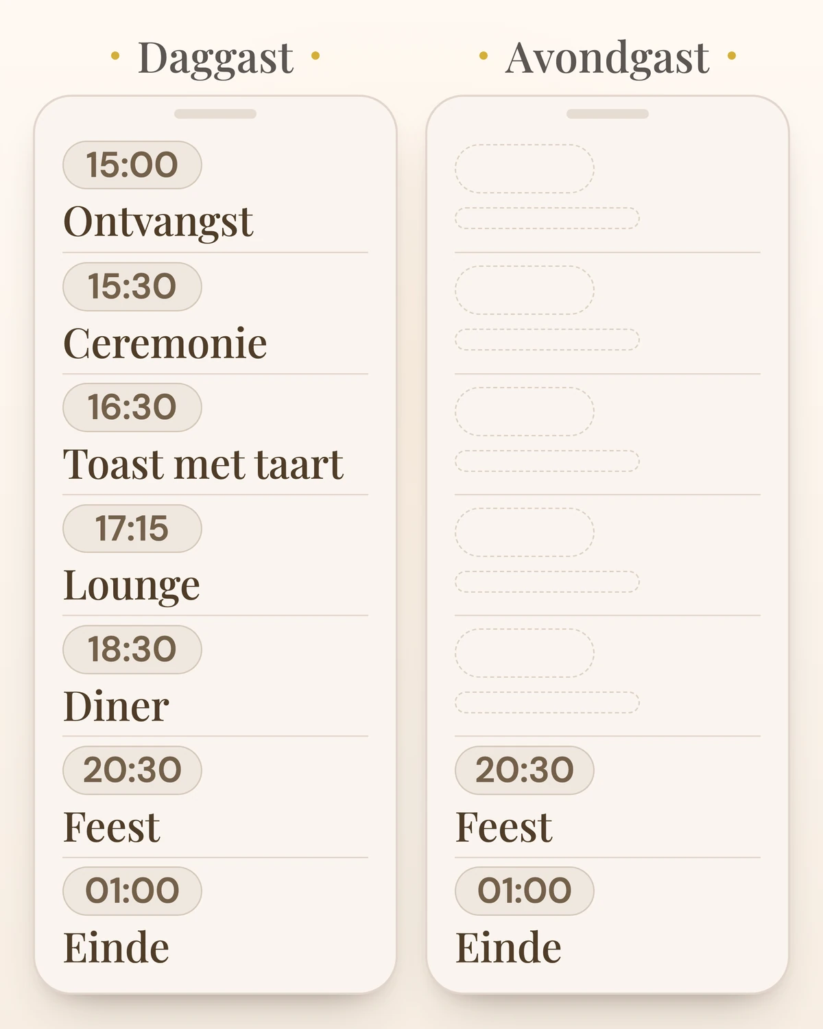 Programma van de trouwwebsite van voorbeeldstel Shanice & Dwayne in twee kolommen: een daggast ziet zeven onderdelen, van de ontvangst om 15:00 tot het einde om 01:00, een avondgast alleen het feest om 20:30 en het einde om 01:00