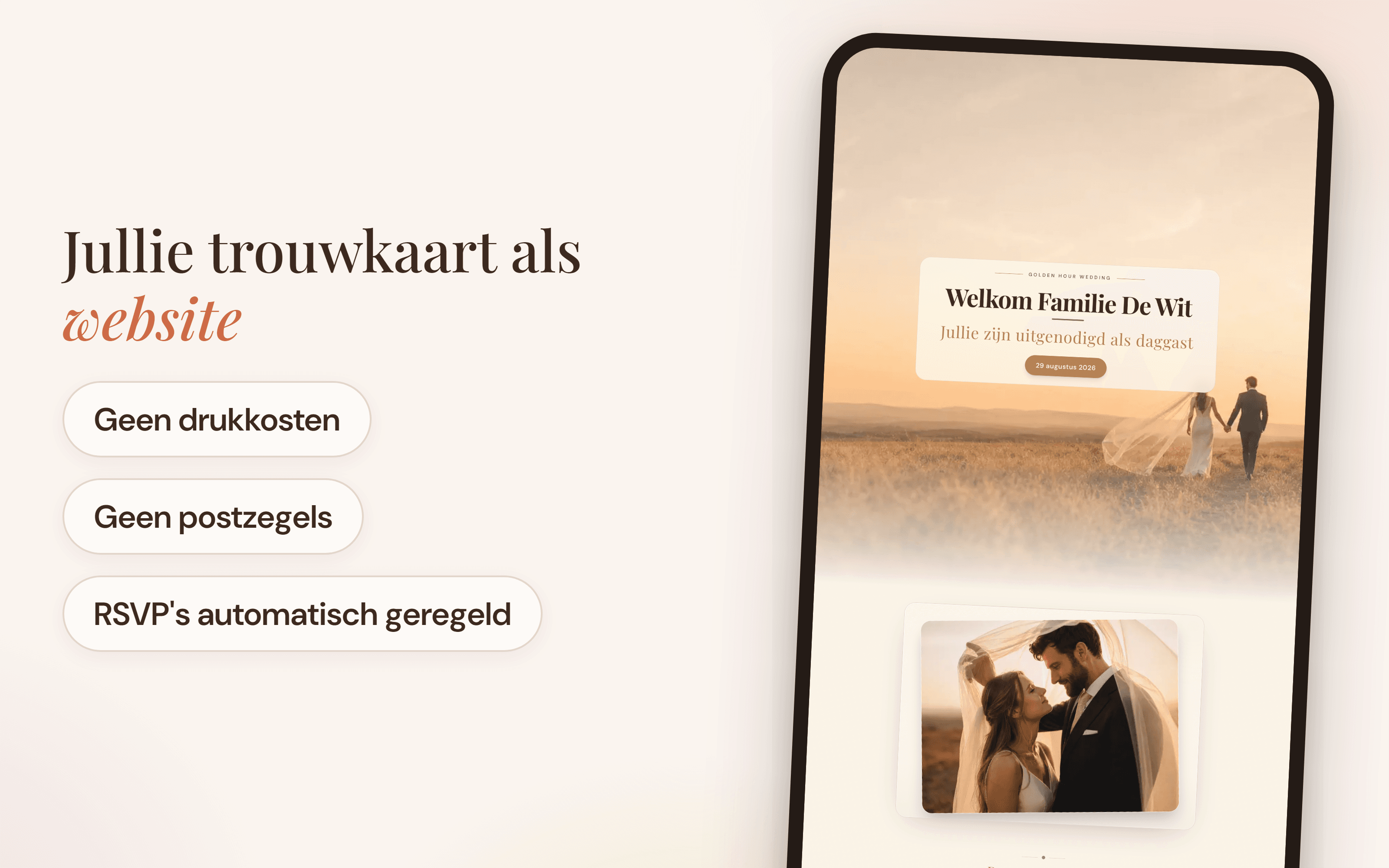 Lovitations trouwwebsite van Thomas en Anouk op een telefoon, zonder drukkosten en postzegels