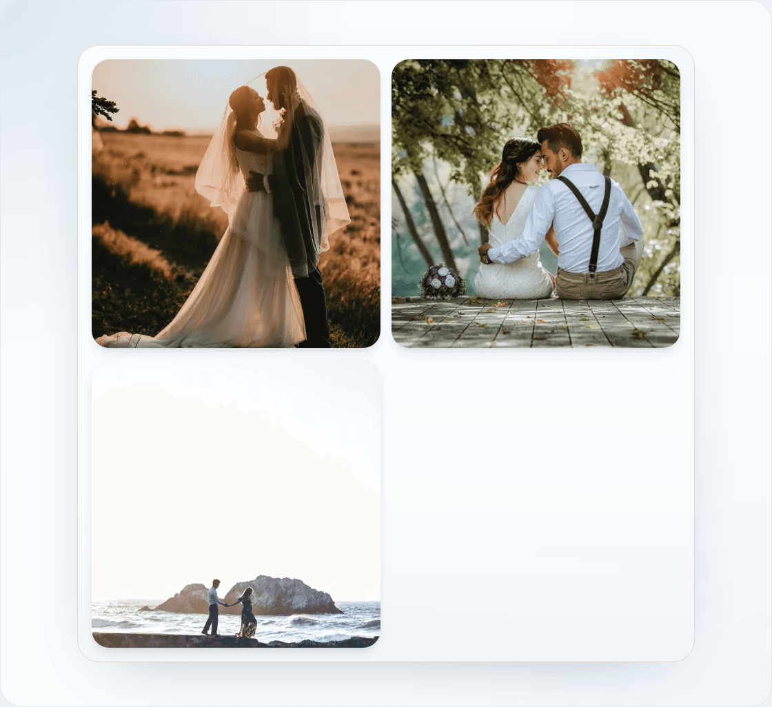 Lovitations media carousel preview in grid-opmaak met grote romantische foto's