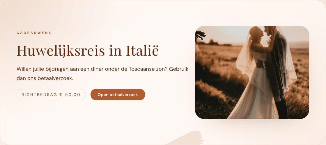 Lovitations cadeaublok preview met split-layout, serif-typografie en foto rechts
