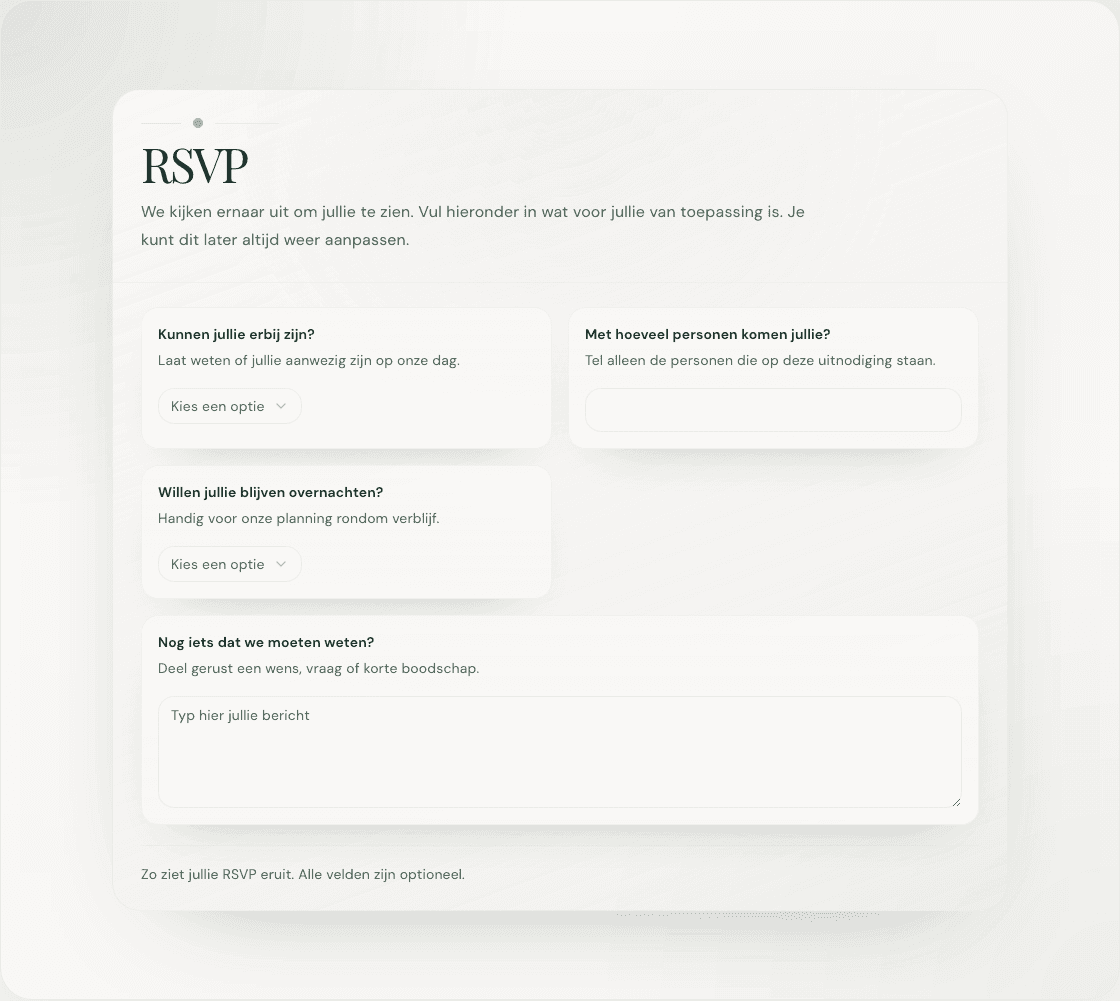 Lovitations RSVP preview met zachte kaarten en luchtige invulvelden
