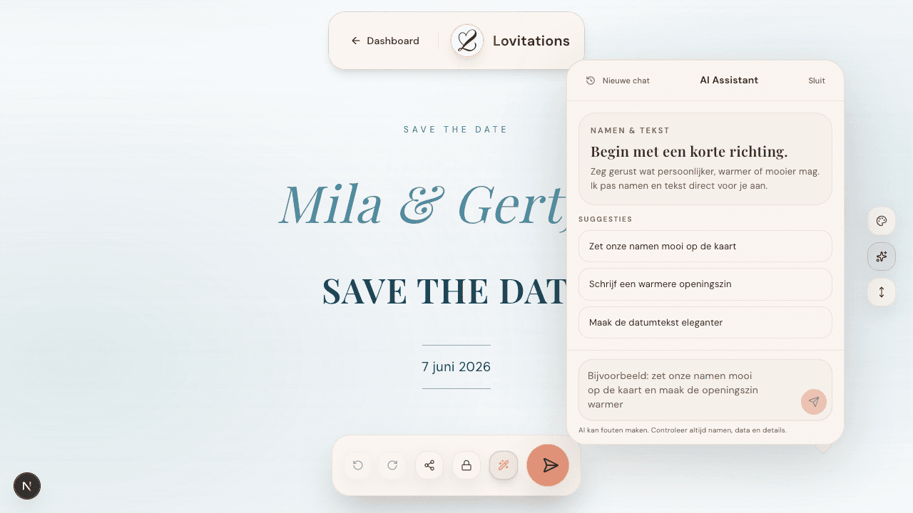 Lovitations configurator met de nieuwe AI-assistent open naast de save the date