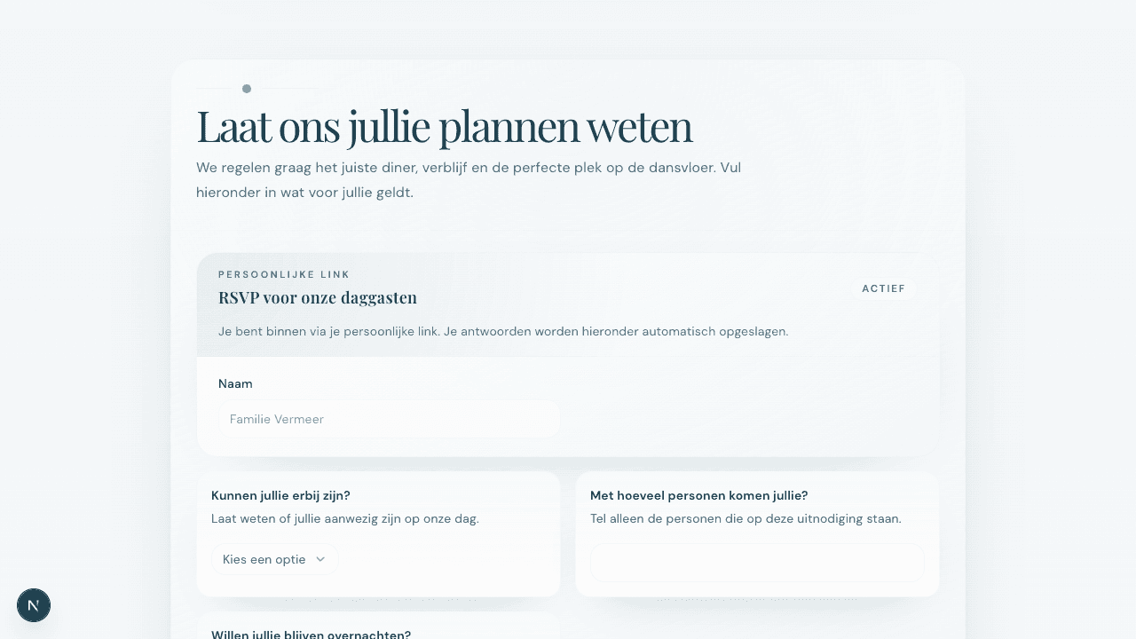 Lovitations publieke uitnodiging met een actieve RSVP-sectie via een persoonlijke seeded link