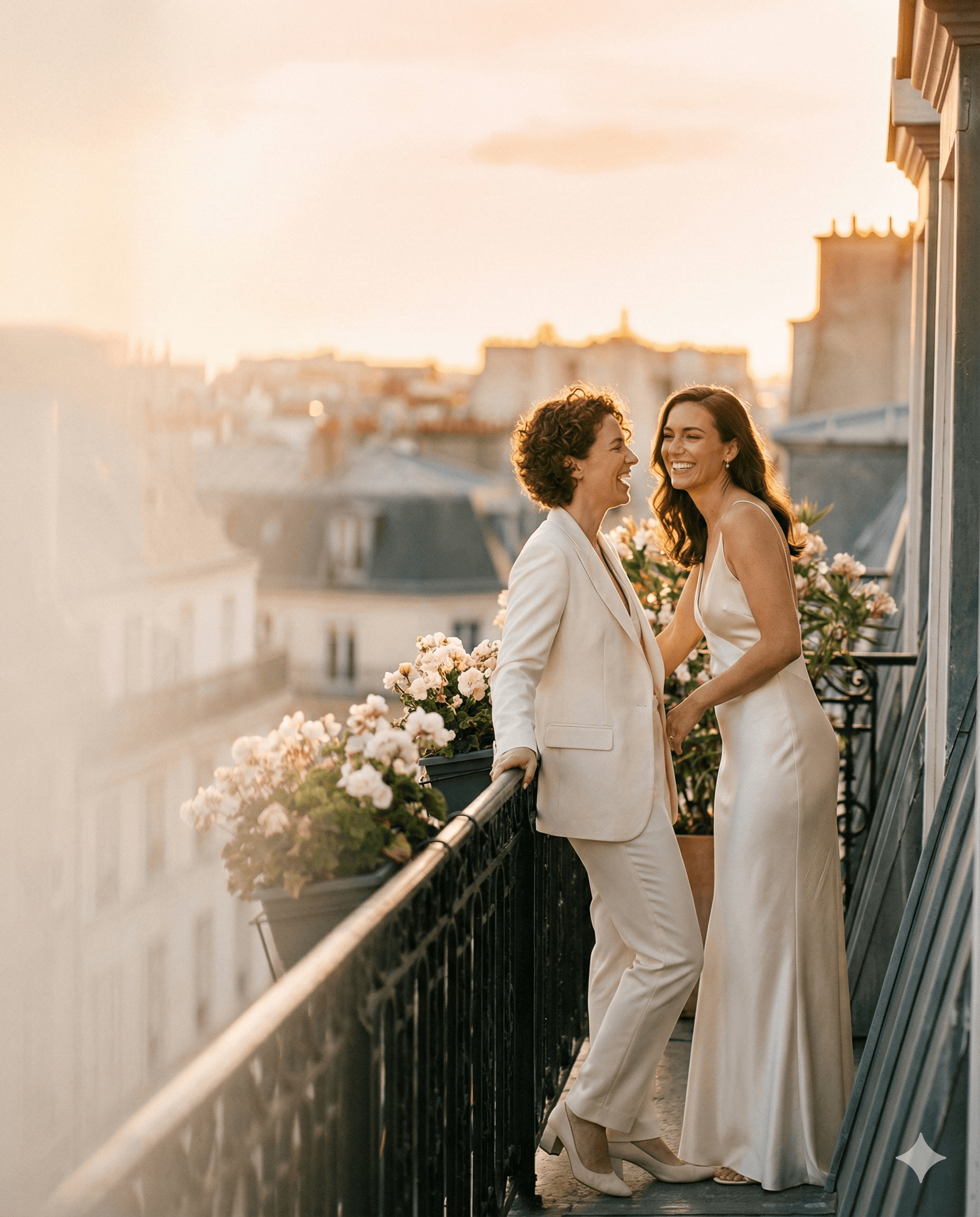 Couture koppel dat lacht op een balkon