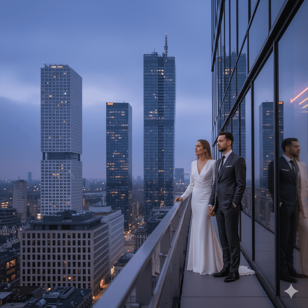 Jordi en Nicky kijken uit over de skyline
