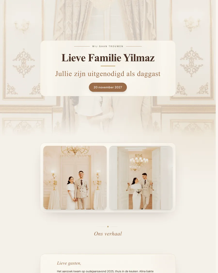 Trouwwebsite van demo-stel Emre en Alina: een uitnodiging per familie in champagne- en goudtinten, met foto's van het stel in een gouden zaal
