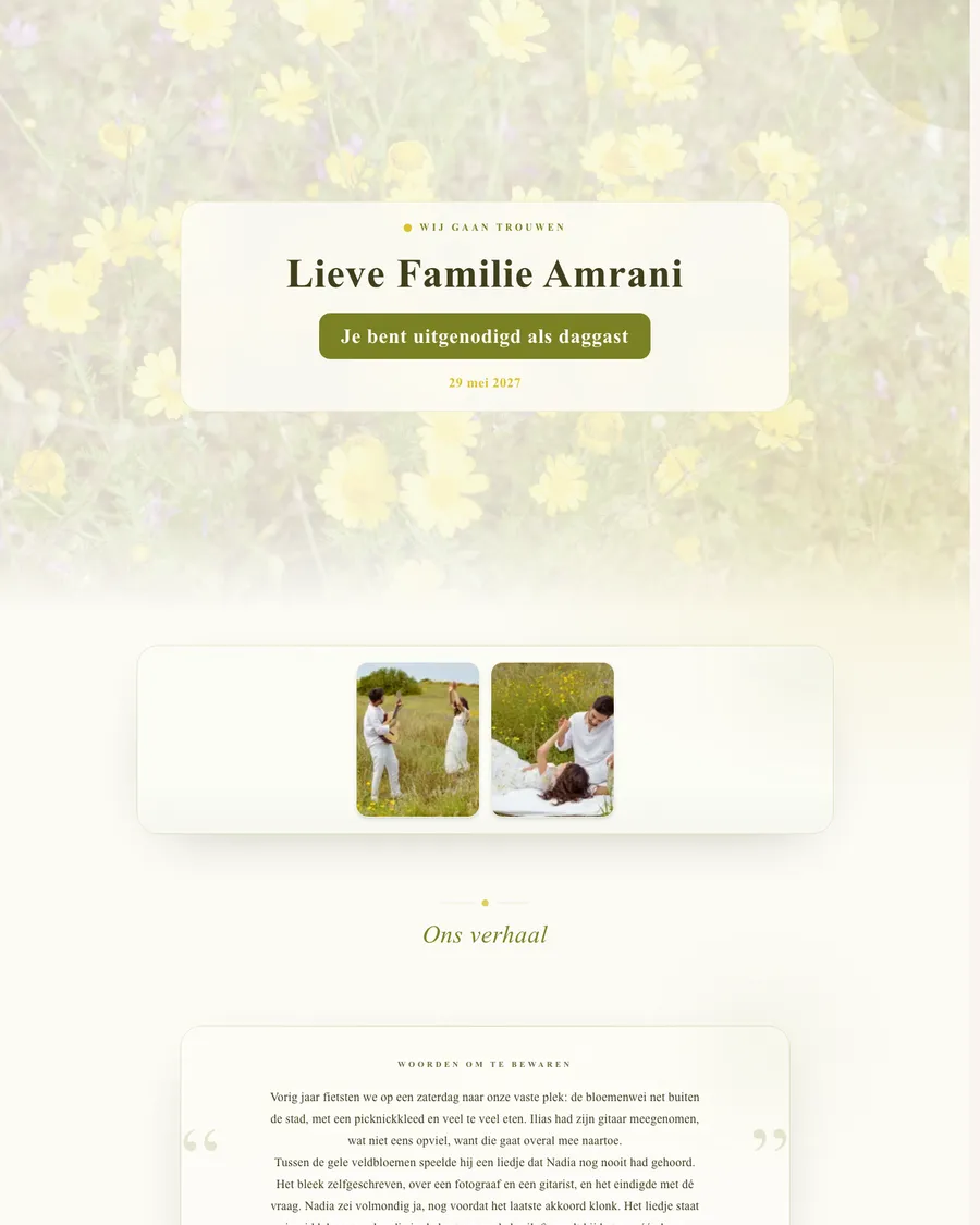 Trouwwebsite van demo-stel Nadia en Ilias: botergele tinten en een bloemenveld, met een uitnodiging per familie