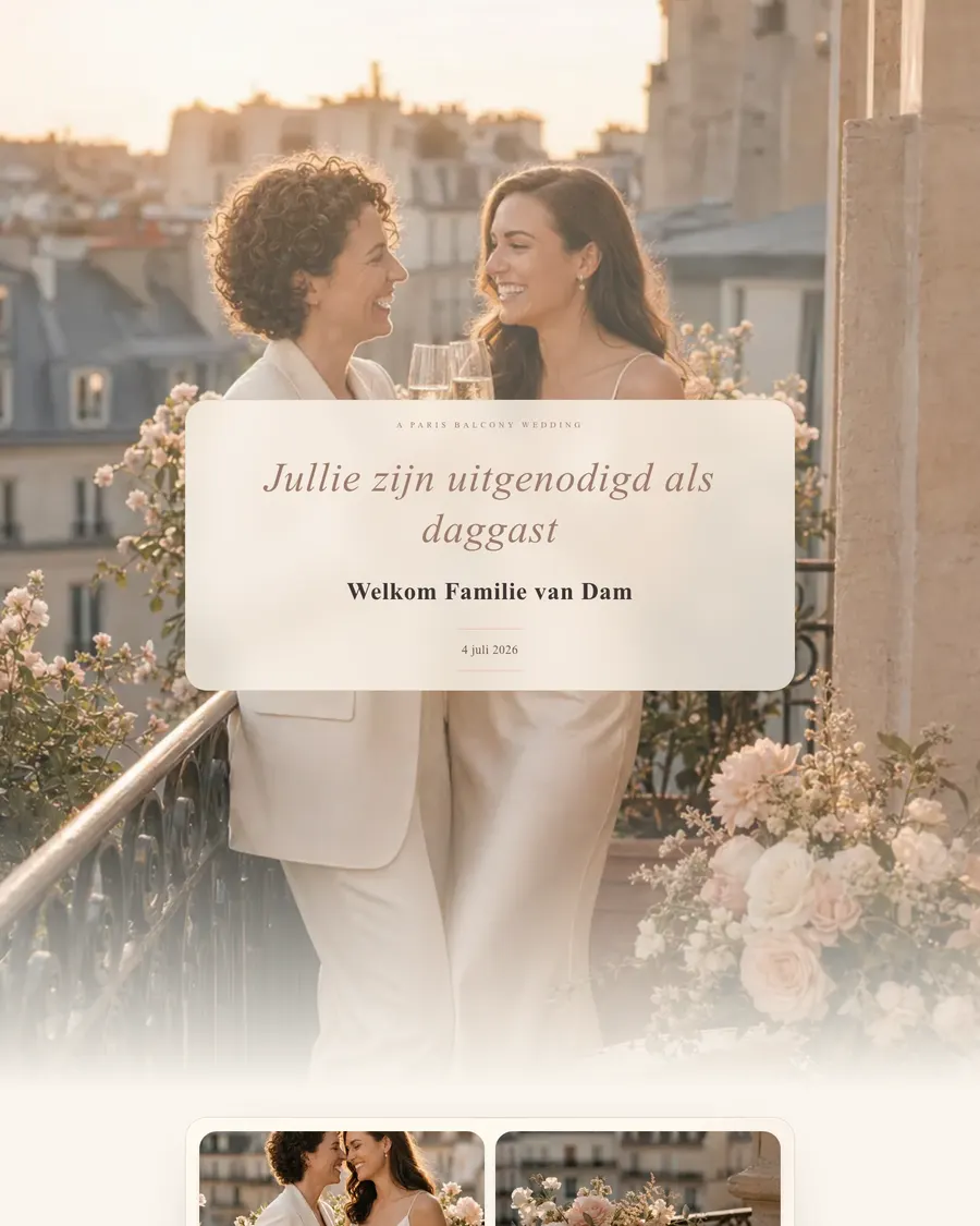 Trouwwebsite van demo-stel Noor en Linde: een gouden Parijse sfeer met uitnodiging en welkomsttekst per familie