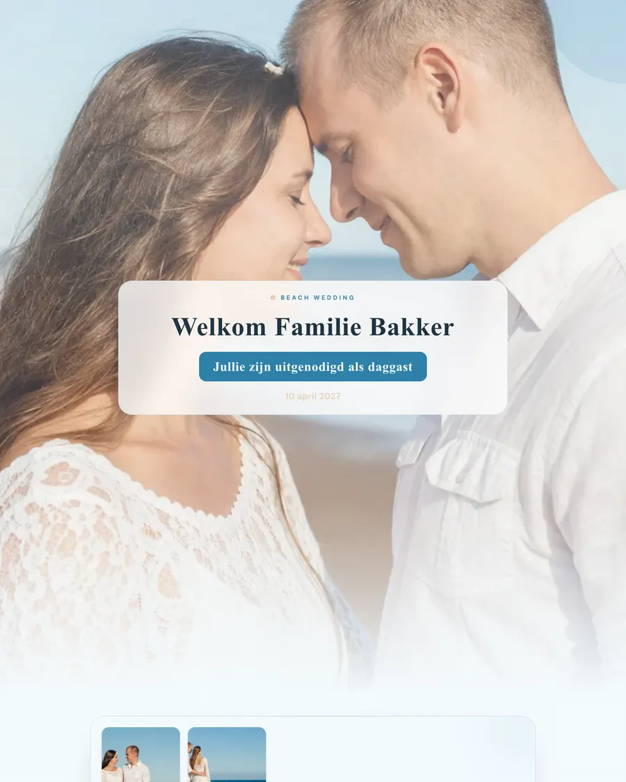 Trouwwebsite van demo-stel Rick en Fleur: een strandbruiloft in lichte blauwtinten met een persoonlijk welkom per familie
