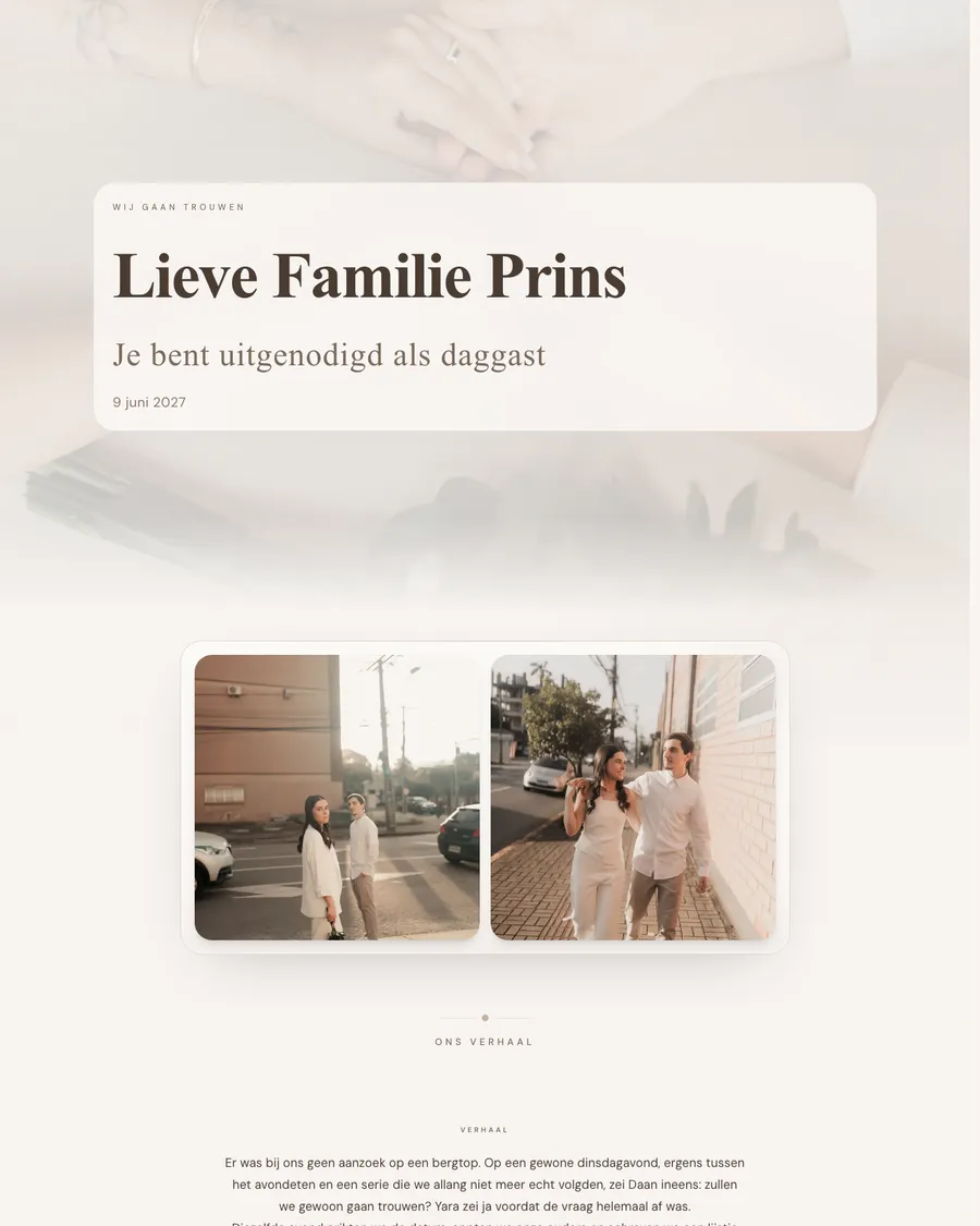 Trouwwebsite van demo-stel Yara en Daan: strak stadslicht in beige en taupe, met een welkom per familie en een fotoreeks uit de stad