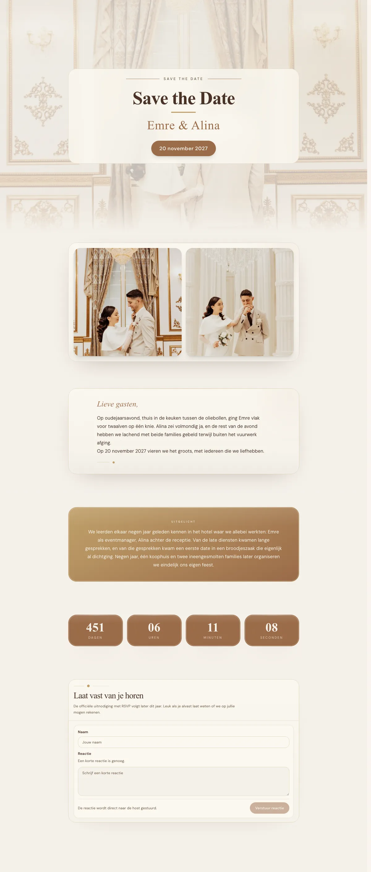 Save the date kaart voorbeeld Emre & Alina — Champagne en kroonluchters