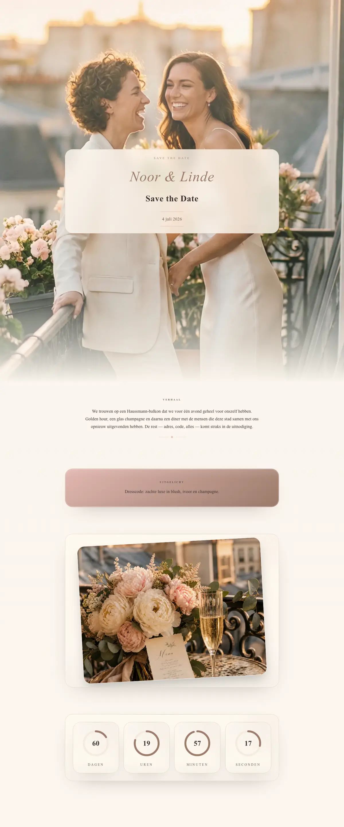 Save the date kaart voorbeeld Noor & Linde — Champagne golden hour