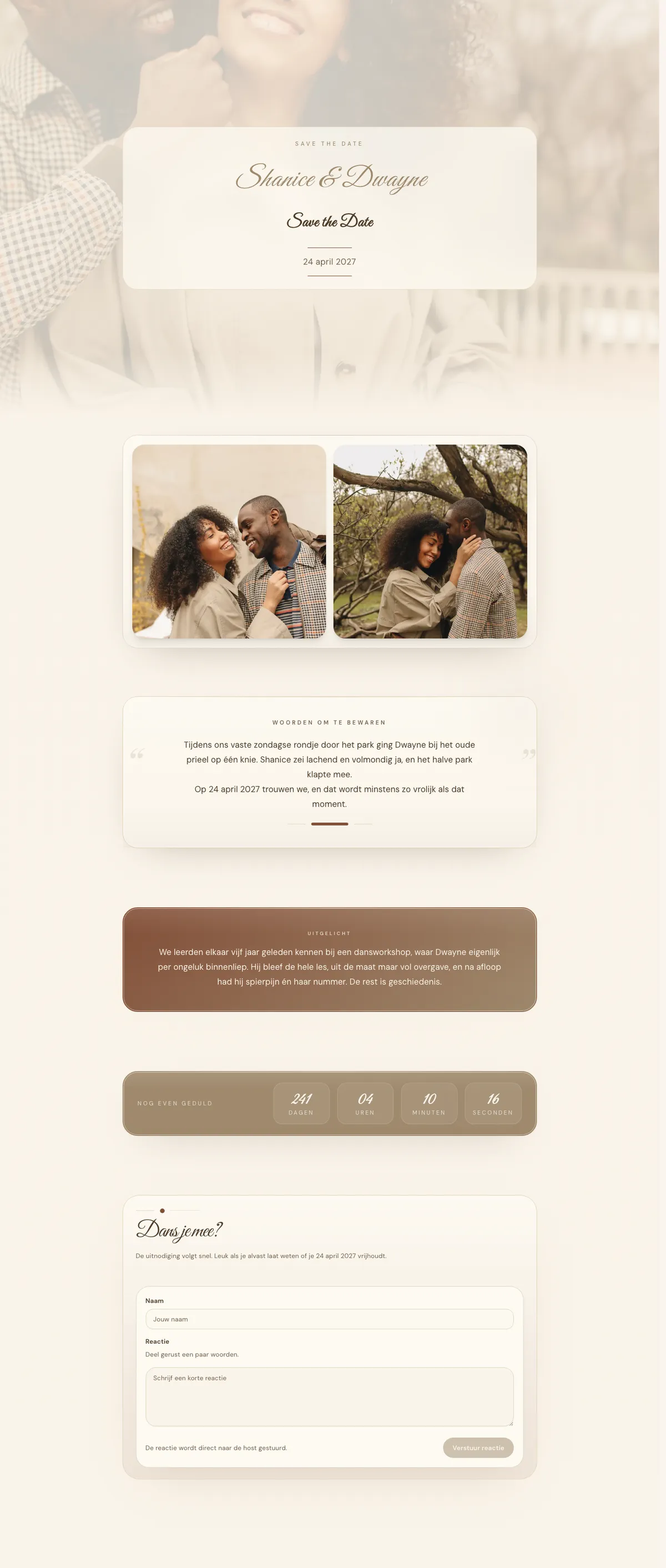 Save the date kaart voorbeeld Shanice & Dwayne — Warm crème met swing