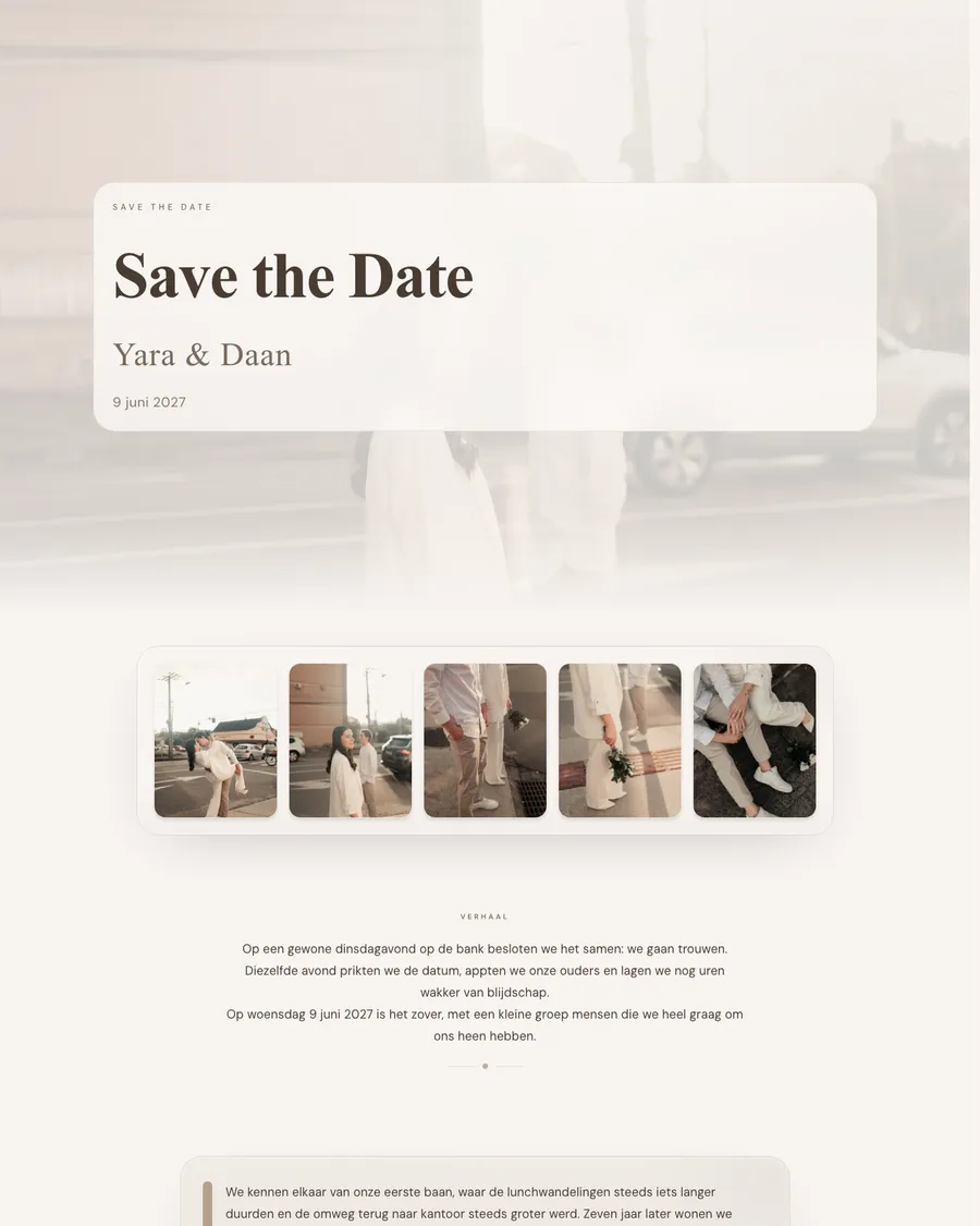 Save the date van demo-stel Yara en Daan: een stedelijke fotoreeks in beige en taupe met hun namen en trouwdatum in strakke letters